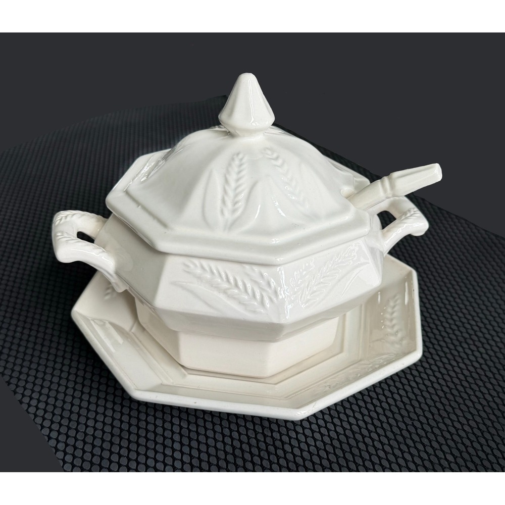 Vintage California Pottery Octagonal Soup Tureen w/ Lid Wheat Relief Ironstone